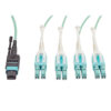 Tripp Lite series MTP/MPO Fan-out Cable with Push/Pull Tab Connectors, MTP/MPO to 4xLC, 40GbE, 40GBASE-SR4,OM3 Plenum-rated - Aqua, 3M (9.84 ft.)