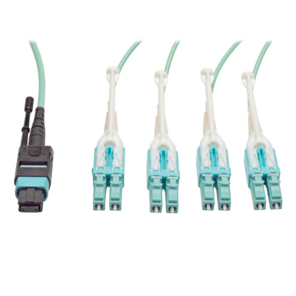 Tripp Lite series MTP/MPO Fan-out Cable with Push/Pull Tab Connectors, MTP/MPO to 4xLC, 40GbE, 40GBASE-SR4,OM3 Plenum-rated - Aqua, 3M (9.84 ft.)