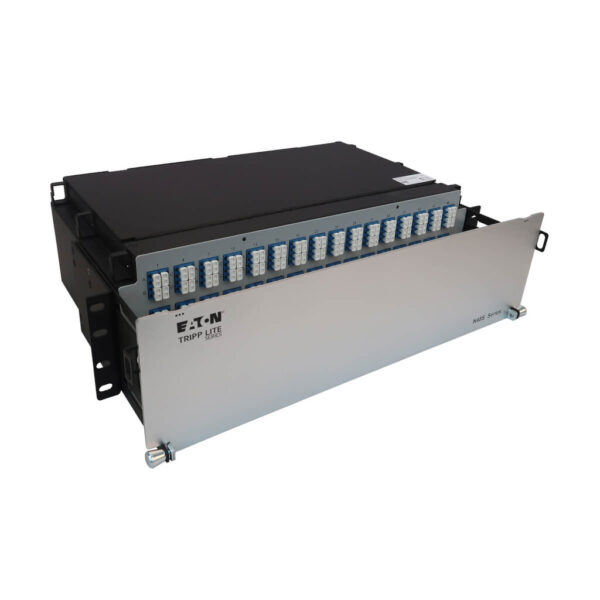 Tripp Lite series Preloaded Fiber Patch Panel, 3U - 48x (12F MTP/MPO-APC to 4x LC Duplex F/F) 8F Trunk Cables, OS2 Singlemode, 5 m (16.4 ft.)
