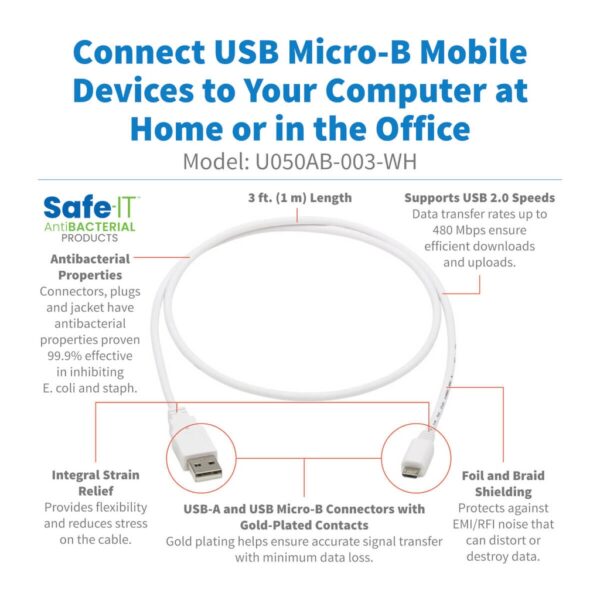 Tripp Lite series Safe-IT USB 2.0 A to Micro-B Antibacterial Cable (M/M), White, 3 ft. (0.91 m)