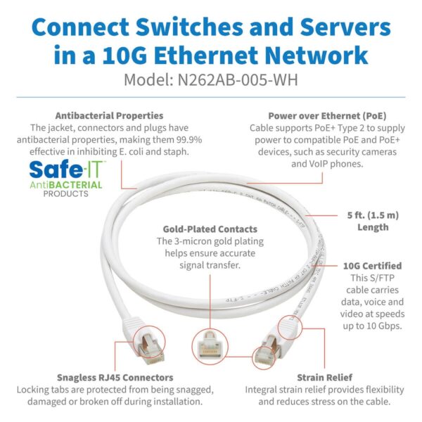 Tripp Lite series Safe-IT Cat6a 10G Snagless Antibacterial S/FTP Ethernet Cable (RJ45 M/M), PoE, White, 5 ft. (1.52 m), TAA