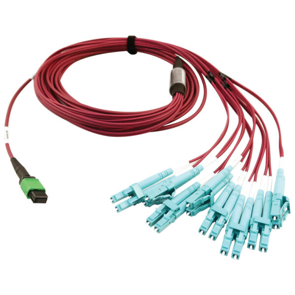 fd62f5c6de45d607e2b4b37bfa511944 Tripp Lite series 400G Multimode 50/125 OM4 Plenum Fiber Optic Breakout Cable, 16F MTP/MPO-APC to (x4) LC Duplex (F/M), Magenta, 5 m
