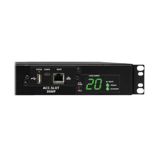 ffe74d70eccefe0847ef280a1e7c9777 Tripp Lite series 3.8kW Single-Phase Switched Automatic Transfer Switch PDU, Two 200-240V C20 Inlets, 8 C13 & 2 C19 Outputs, 1U, TAA