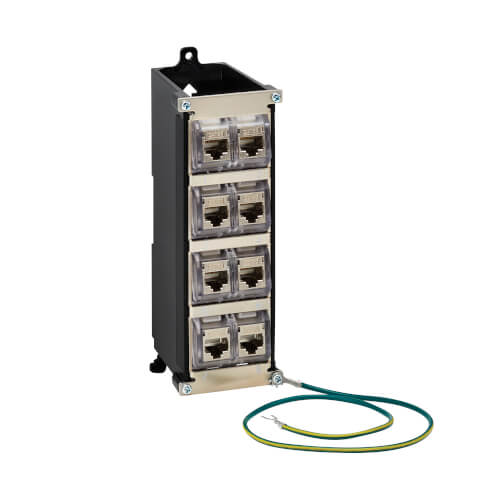 Product Image: N063-008-6A-SH Tripp Lite series 8-Port Metal Shielded DIN-Rail Mount Preloaded Keystone Patch Panel with Grounding, Black/Silver, TAA
