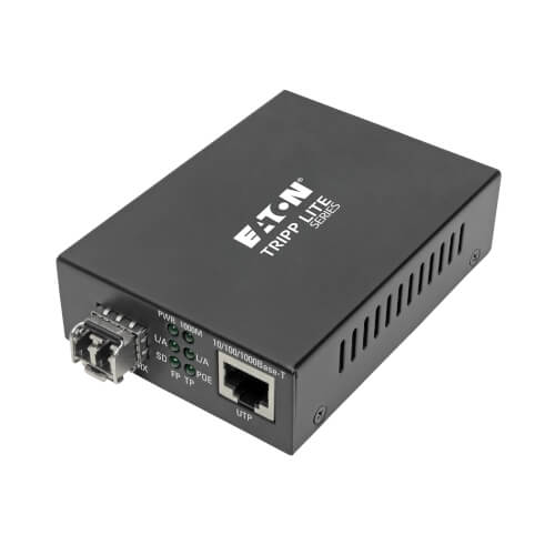 Product Image: N785-INT-PLCMM1 Tripp Lite series Gigabit Multimode Fiber to Ethernet Media Converter, PoE+ - International Power Cables, 10/100/1000 LC, 850 nm, 550 m (1,804 ft.)