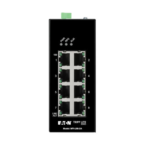 Product Image: NFI-U08-2A Tripp Lite series 8-Port Unmanaged Industrial Ethernet Switch - 10/100 Mbps, Ruggedized, -40° to 75°C, iQoS, DIN Mount, TAA