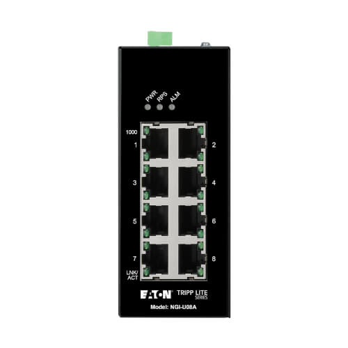 Product Image: NGI-U08A Tripp Lite series 8-Port Unmanaged Industrial Gigabit Ethernet Switch - 10/100/1000 Mbps, Ruggedized, -40° to 75°C, iQoS, DIN Mount, TAA