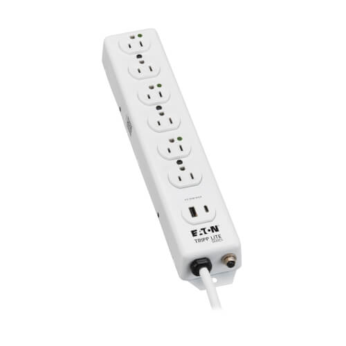Product Image: PS-606-HGUSB Tripp Lite series Safe-IT UL 1363 Medical-Grade Power Strip, 6 Hospital-Grade Outlets, USB Charging, Safety Covers, Antimicrobial, 6 ft. Cord