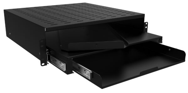 rms193bk1-rev2 Hammond RMS Series 3U Rack Mount Workstation Shelf with Sliding Keyboard and Document Trays, 129 lb, 2/4-Post, Black, RMS193BK1