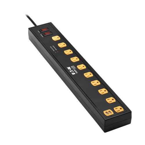 Tripp Lite series Protect It! 10-Outlet Surge Protector with Swivel Light Bars - 5-15R Outlets, 2 USB Ports, 6 ft. (1.8 m) Cord, 1350 Joules, Black