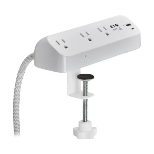 Tripp Lite Protect It! 3-Outlet Surge Protector, 5-15R, USB-A and USB-C (20W PD), 900 Joules, Desk Clamp, 8 ft. Braided Cord, White - TLP308U20CLAMP