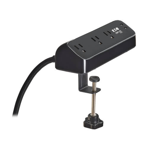 Tripp Lite Protect It! 3-Outlet Surge Protector, 5-15R Outlets, 2 USB-C (30W PD), 900 Joules, Desk Clamp, 10 ft. Braided Cord, Black - TLP310U30CLAMPB