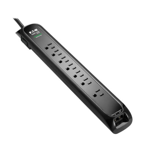 Tripp Lite Protect It! 7-Outlet Surge Protector - 5-15R Outlets, 900 Joules, Telephone/Modem Protection, 10 ft. (3.1 m) Cord, Black - TLP710BTEL