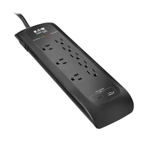Tripp Lite series Protect It! 8-Outlet Surge Protector - 5-15R Outlets, 2400 Joules, 2 USB Charging Ports, 8 ft. (2.4 m) Braided Cord, Black
