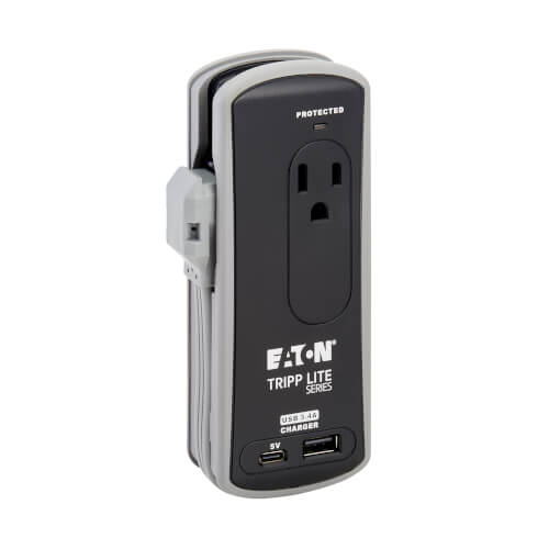 Tripp Lite series Protect It! 2-Outlet Travel-Size Surge Protector - 5-15R Outlets, USB-C and USB-A Ports, 5-15P Input, Black
