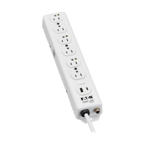 Tripp Lite series Safe-IT UL 1363 Medical-Grade Power Strip, 6 Hospital-Grade Outlets, USB Charging, Safety Covers, Antimicrobial, 15 ft. Cord
