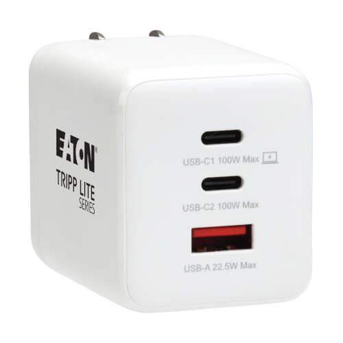 Product Image: U280-W03-100-G Tripp Lite series 3-Port Compact USB Wall Charger - GaN Technology, 100W PD Charging, 2 USB-C & 1 USB-A, White